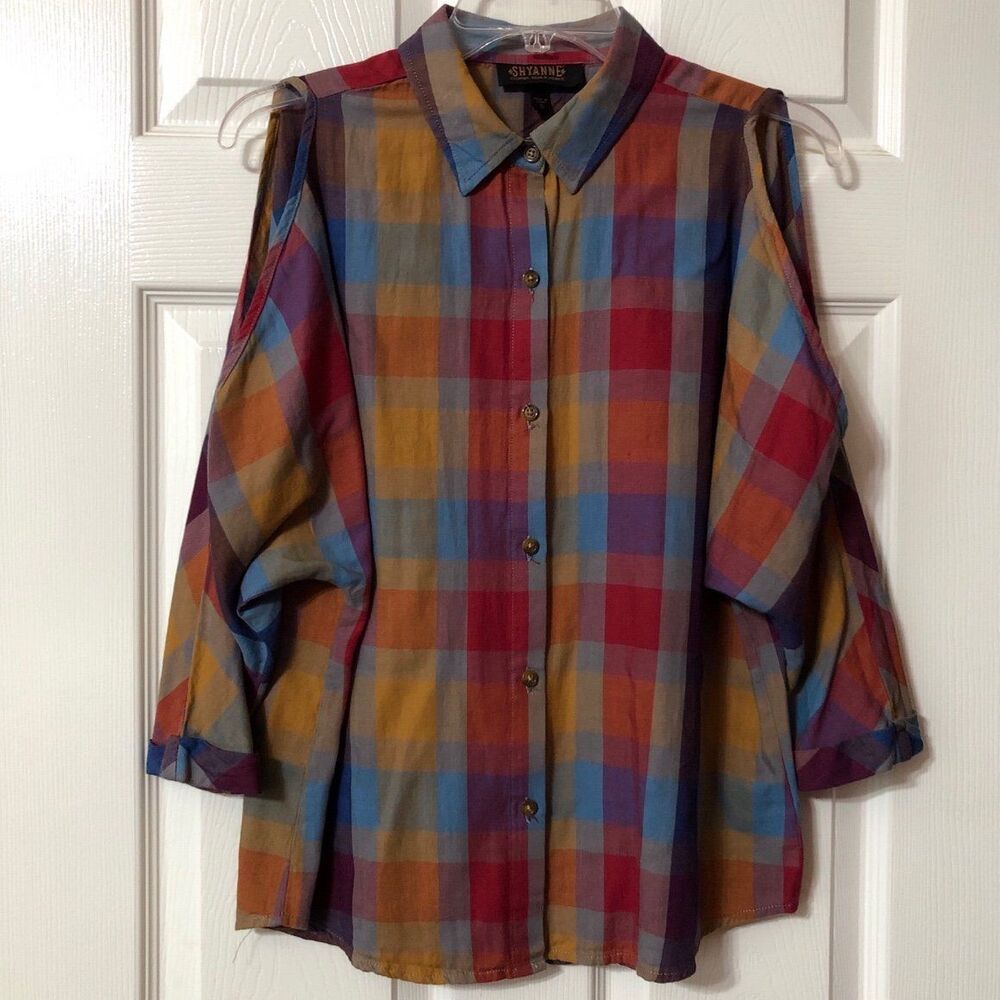 Shyanne Western Plaid Blouse Size Small Open Cold Shoulder Design Womens